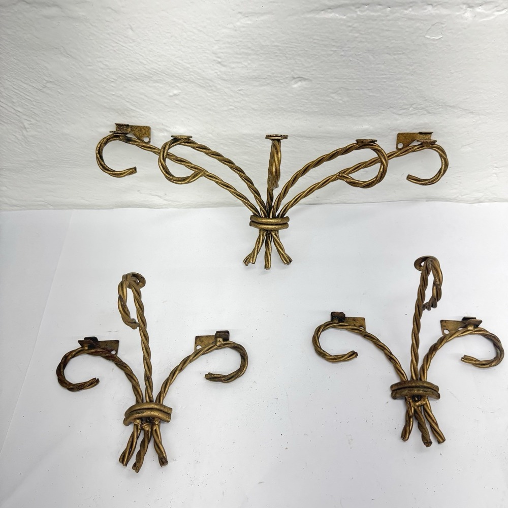VTG Hollywood Regency Gold Wall Shelf Twisted Brass Brackets Set of 3 Homco MCM